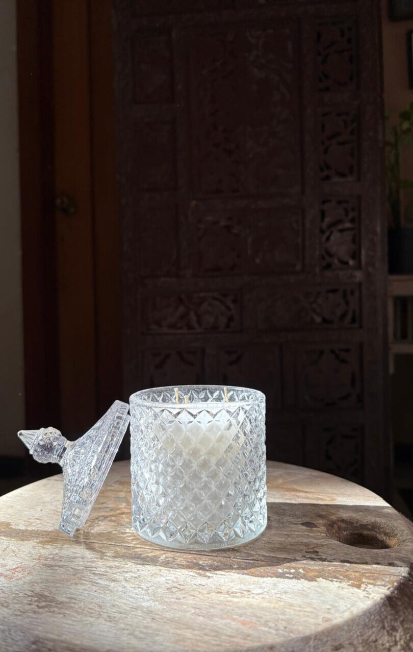 The crystal jar by indiglow candles can be used as a gifting option or a versatile decor item for homes 